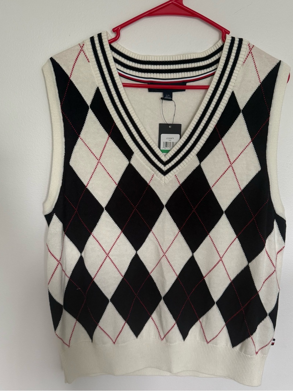 Tommy Hilfiger Cream V-Neck Argyle Sweater Vest with Black Trim